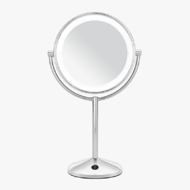 Oglinda cosmetica cu lumina led si lupa, diametru 19 cm, 2 fete, marire 10x, unghi de rotire 360Â°, buton on/off, argintiu